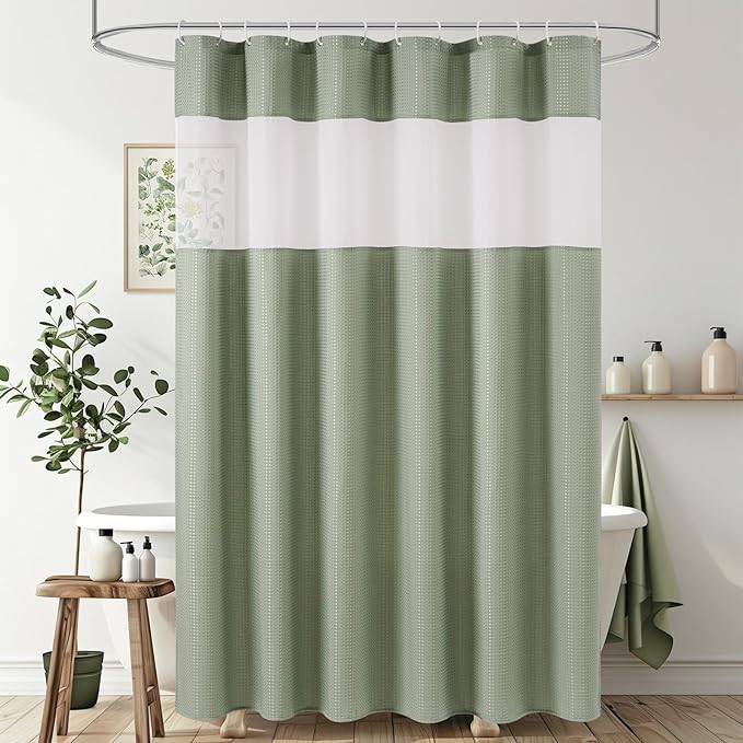 UFRIDAY Sage Green Waffle Weave Shower Curtain 72x72 inch, Spa Like Hotel Style Bath Curtain with Mesh Top Window, Heavy Duty Thick Fabric Shower Curtain for Bathroom, Machine Washable Water Resistant