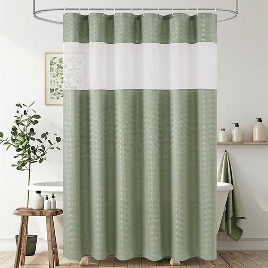 UFRIDAY Long Shower Curtain 72x78 inch, Sage Green Waffle Weave Bath Curtain with Mesh Top Window,78 inch Long Fabric Cloth Shower Liner Machine Washable Shower Curtain for Bathroom