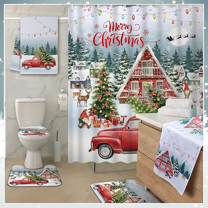 Nuanchu 6 Pcs Christmas Shower Curtain Bathroom Set with Bath Mat Red Truck with Christmas Tree U Shaped Mat Toilet Cover 2 Bath Towels and 12 Hooks Bathroom Decor Set, 71 x 71 Inch