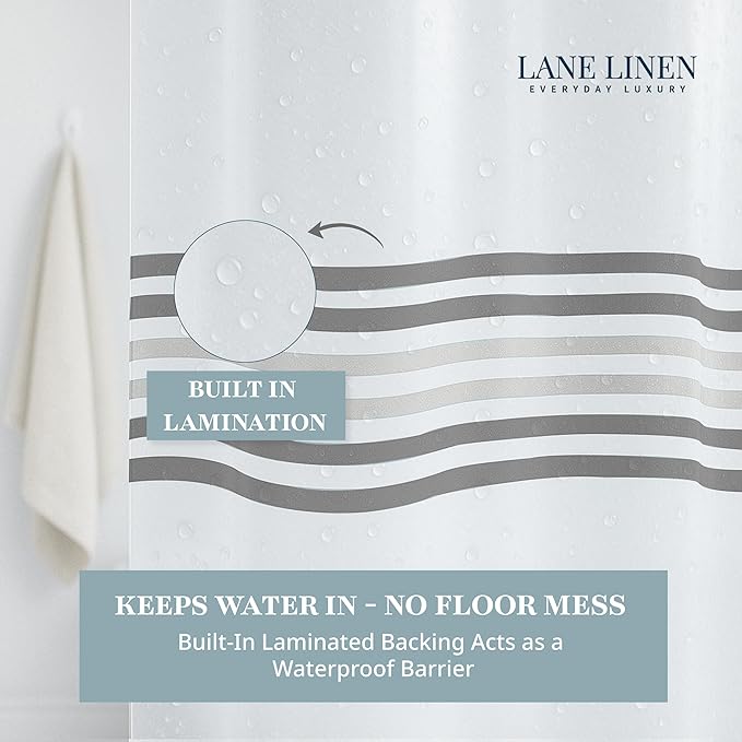 LANE LINEN Premium Waterproof Shower Curtain - 72 x 72 inches - All in 1 Linerless Waffle Striped Fabric with Laminated Layer - Spa Style Exterior, Machine Washable - Header with Metal Grommets - Gray