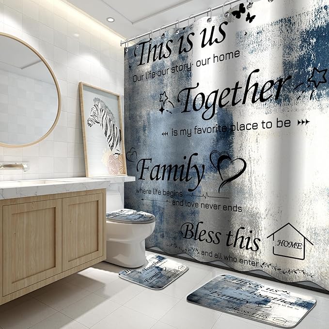 Lnond 4Pcs Bathroom Shower Curtain Sets with Rugs,Navy Blue and White Motivational Home Family Bathroom Sets with Shower Curtain and Rugs and Accessories