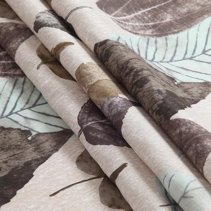Beige Shower Curtain 72x72 Inches, Waterproof Linen-Tone Fabric with Realistic Brown & Green Leaf Print, 12 Metal Grommets & Weighted Hem