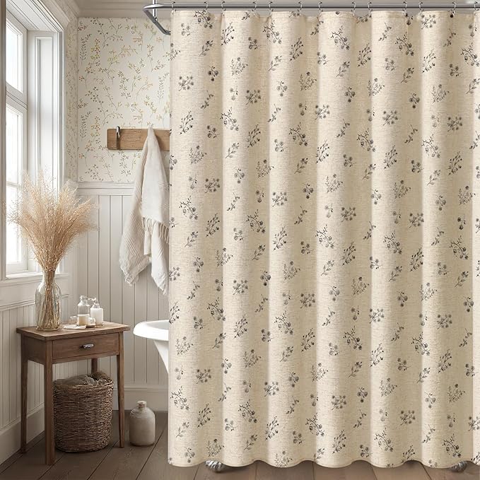 Black Floral Vintage Linen Shower Curtain, French Country Shower Curtains for Bathroom, 72Wx72H