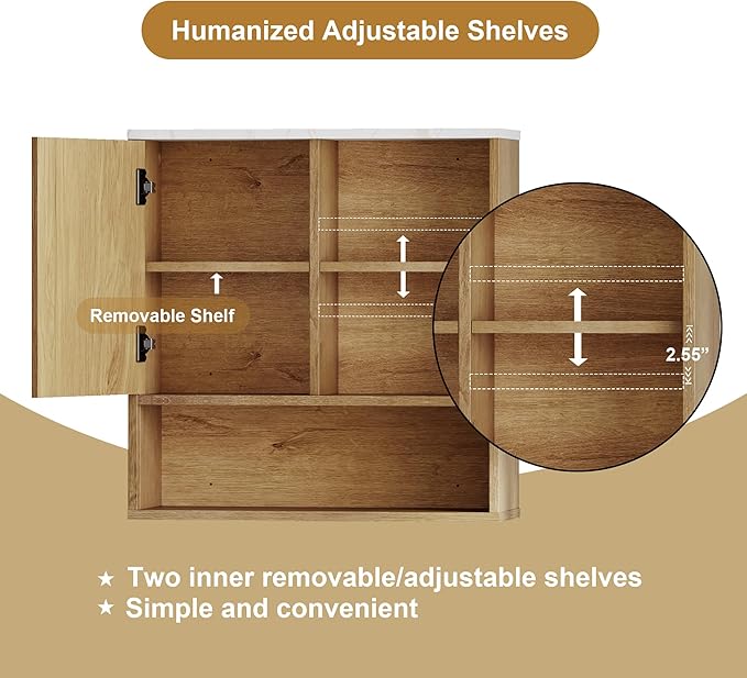 Bathroom Cabinet Wall Mounted Fluted, Modern Medicine Cabinet Over The Toilet Storage Cabinet Faux Marble Top with Adjustable Shelf, Wood Wall Mounted Storage Cabinet Organizer(Oak, Medium)
