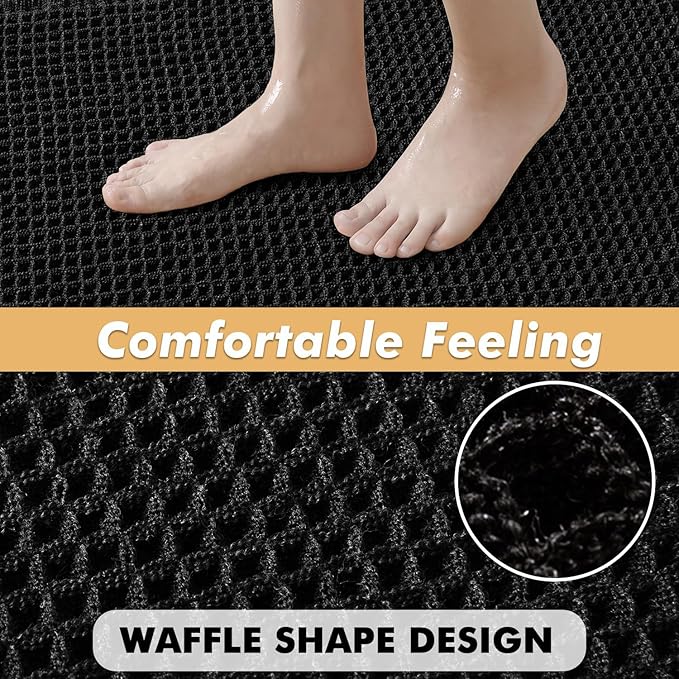 MIULEE Set of 2 Waffle Bathroom Rugs, Boho Bath Rugs Non Slip Washable, Super Absorbent Bath Mats, Ultra Soft Rubber Backed Shower Mats for Bathroom Floor, Tub and Shower, Black, 18x30 Inch