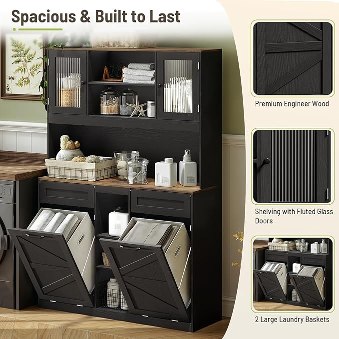 Tall Tilt-Out Double Laundry Hamper Cabinet with 2x11-Gallon Laundry Basket, Trash Bin Cabinet with Fluted Glass Doors, Farmhouse Wooden Bathroom Storage with Push Doors, Black and Walnut