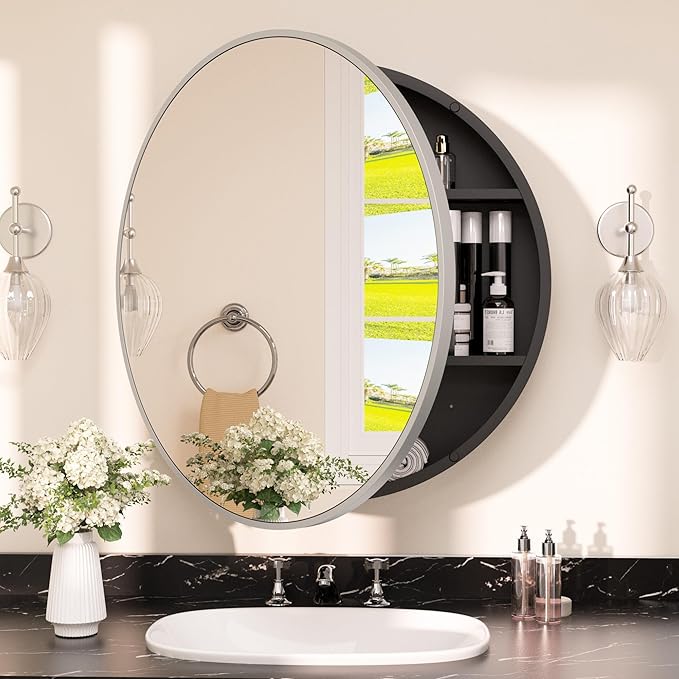 TETOTE 24 x 24 Inch Medicine Cabinet Mirror Matte Silver Gray Framed Round Mirrored Medicine Cabinets for Bathroom Adjustable Shelves Modern Bathroom Mirror with Storage Wall Mounted