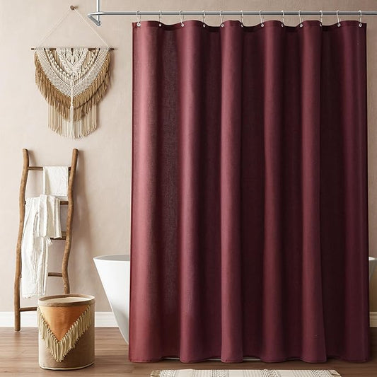 Naturoom Burgundy Linen Shower Curtain, Country Boho Farmhouse Bath Decor Shower Curtains Neutral Cloth Weighted Textured Fabric Bath Curtain Liner with Hooks, 72x72