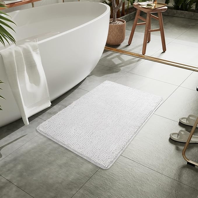 LOCHAS Luxury Bathroom Rug Shaggy Bath Mat 24 x 36 Inch, Washable Non Slip Bath Rugs for Bathroom Shower, Soft Plush Chenille Absorbent Carpets Mats, White