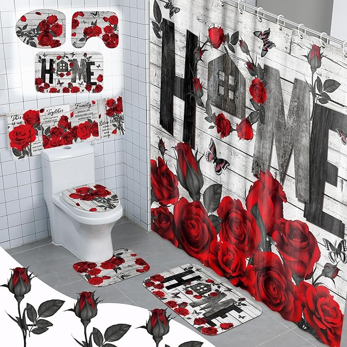 Tatuo 8 Pcs Red Rose Shower Curtain Set Rose Home Romantic Farmhouse Bathroom Decor Accessories Sets Black Red Waterproof Shower Curtain with Towels Carpet Bath Mat Toilet Rugs and 12 Hooks
