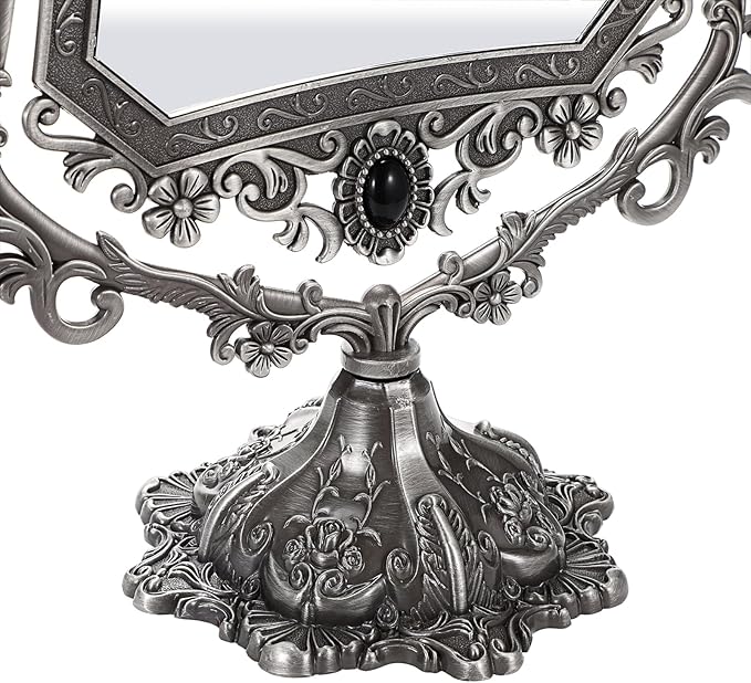 JUXYES Metal Tabletop Antique Decorative Makeup Mirror with Stand, Vintage 360° Swivel Double Sided Cosmetic Mirror with Frame, Retro Desktop Dressing Mirror Magic Mirror for Dresser