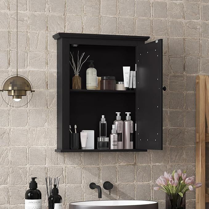 COSTWAY Bathroom Medicine Cabinet with Mirror, Wall-Mounted Storage Cabinet Organizer with 5-Position Adjustable Shelf, Hanging Bathroom Wall Cabinet for Living Room Bedroom Entryway (Black)