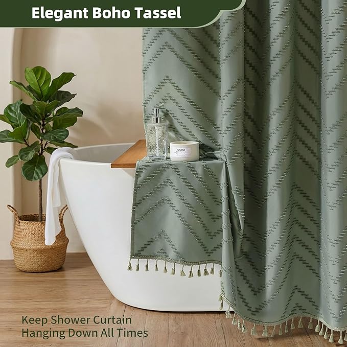 Extra Long Sage Green Boho Shower Curtain with Tassel, Woven Fabric 96 in Shower Curtain, Tufted Chevron Striped, 72 x 96, Modern Chic Textured Minimalist Bathroom Shower
