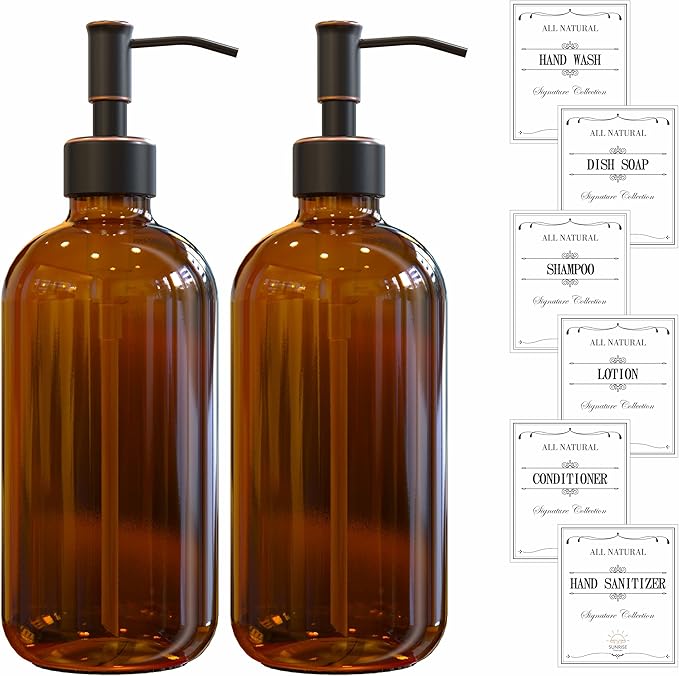 Sunrise Premium 2 Pack Amber Glass Soap Dispenser 16 OZ with Oil Rubbed Bronze Stainless Steel Pump, Hand and Dish Soap Dispenser Set for Bathroom and Kitchen Sink with 6 Waterproof Labels