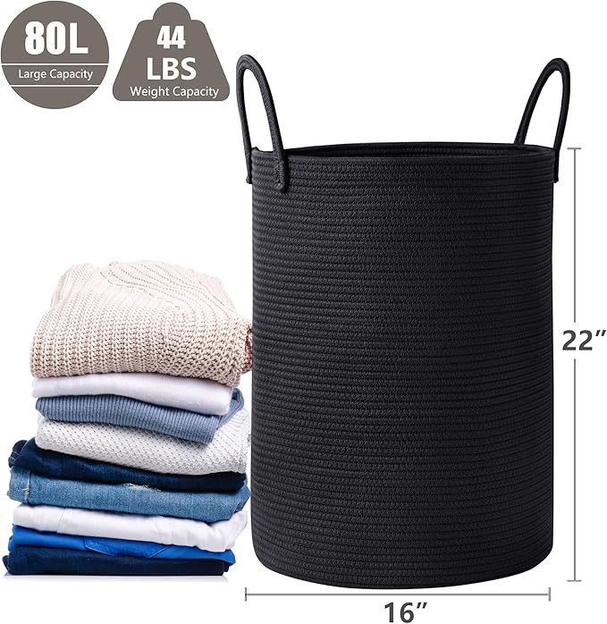 80L Black Woven Rope Hamper Laundry Basket for Clothes Tall Modern Blanket Storage Basket in Living Room Bedroom Extra Large 16"L x 16"W x 22"H