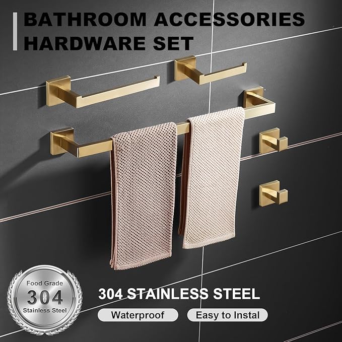 Bathroom Hardware Set 23.6-Inch Towel Bar,2pcs Towel Hook,Toilet Paper Holder,Hand Towel Holder Stainless Steel Brushed Gold Bathroom Accessories GTS3190BG…