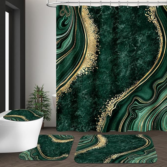 4PCS Emerald Green Gold Marble Shower Curtain Sets with Rugs, Abstract Bathroom Sets with Shower Curtain and Rugs, Bathroom Curtains Shower Set with Toilet Lid Cover for Bathroom Decor