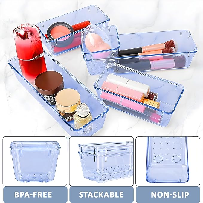 Kuber Industries 12 Pcs Acrylic Transparent Cosmetic Organizer Tray | Drawers Organisers for Kitchen, Office and Bathroom Vanity Makeup | Stationery Storage Drawer Divider Tray | Sea Blue