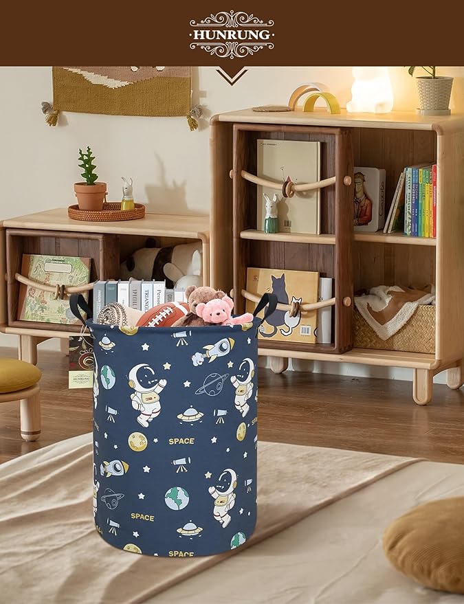 HUNRUNG Laundry Hamper,Large Canvas Fabric Lightweight Storage Basket Toy Organizer Dirty Clothes Collapsible Waterproof for College Dorms???Round-Blue Space Astronaut???