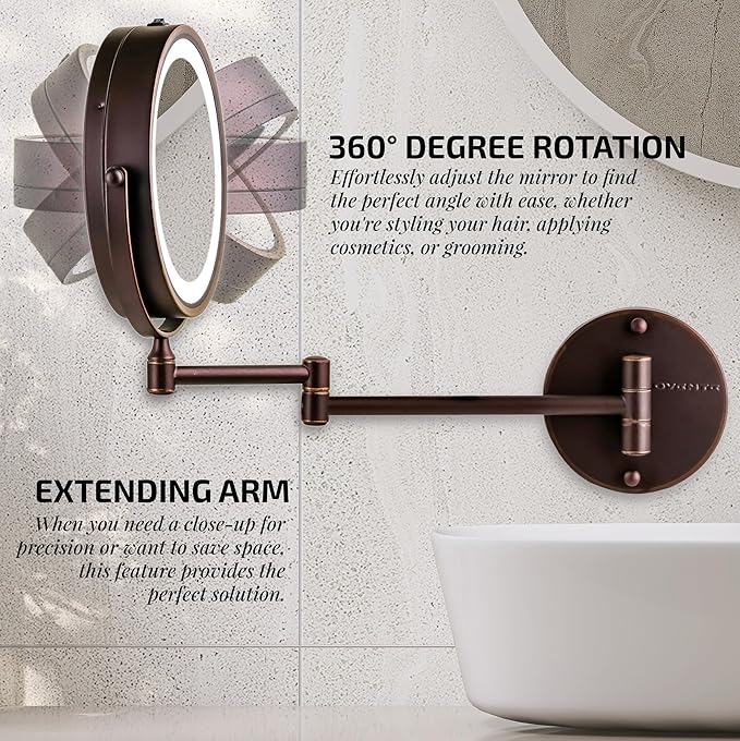 OVENTE Wall Mounted Lighted Makeup Mirror, 7" Double Sided 1X/10X Magnifying Vanity Mirror for Bathroom with LED Lights, Cordless, 360° Rotation and 13" Extendable Arm, Antique Bronze MFW70ABZ1X10X