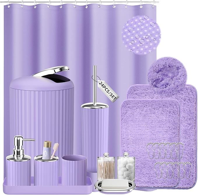 XLHOMO 24 PCS Purple Bathroom Accessories Set with Shower Curtain and Rugs, Bathroom Sets with Extra Soft and Absorbent Bath Rugs Shower Curtain Bathroom Accessory for Bath
