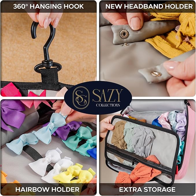2 in 1 Newly Designed Headband & Hair Bow Organizer for Girls Display Bag - Large Capacity Girls Hair Accessories Organizer, Holds Hair Clips, and Hair tie with a Rotating Hook, Travel-Friendly.