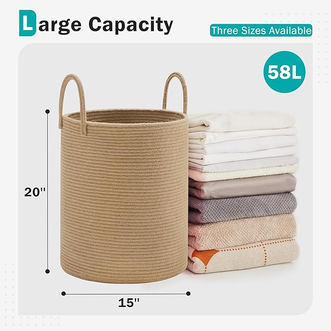 YOUDENOVA Cotton Laundry Hamper, 58L - Woven Collapsible Storage Basket - Jute Brown