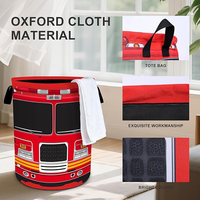 Fire Truck Laundry Basket Storage Bin Foldable Laundry Hamper Clothes Storage Bucket Organizer 19.6x15.7 Inch For Laundry Room/Bedroom/Bathroom