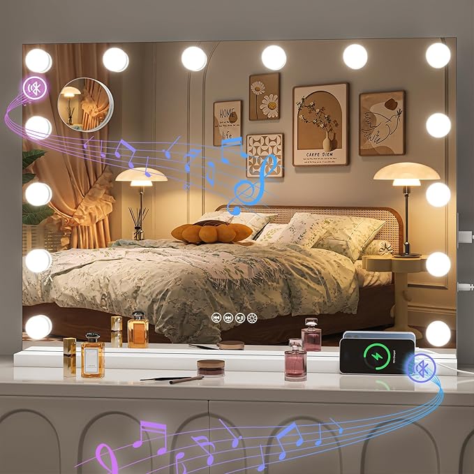 Hasipu Hollywood Vanity Mirror with Lights and Bluetooth Speaker, 29" x 20" Makeup Mirror with 14 Dimmable LED Bulbs 3 Color Modes, 5X Magnifying Glass, Touch Control, USB and Type-C, Tempered Glass
