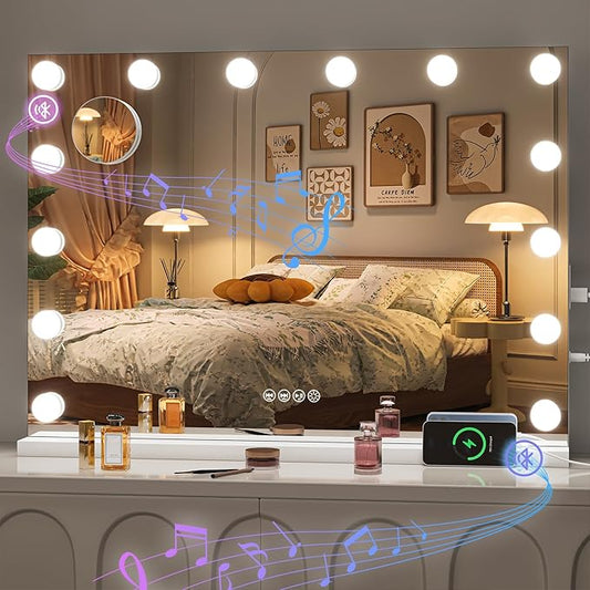 Hasipu Hollywood Vanity Mirror with Lights and Bluetooth Speaker, 29" x 20" Makeup Mirror with 14 Dimmable LED Bulbs 3 Color Modes, 5X Magnifying Glass, Touch Control, USB and Type-C, Tempered Glass