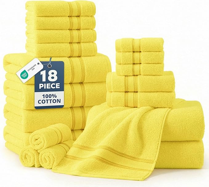 LANE LINEN 18 Pc Luxury Bath Towels Set – Ultra Soft 100% Mercerized Cotton, 6 Bath, 6 Hand Towel & 6 Wash Cloth, Zero Twist, Quick-Dry, Long-Lasting Comfort & Hotel Quality, Machine Washable – Mimosa