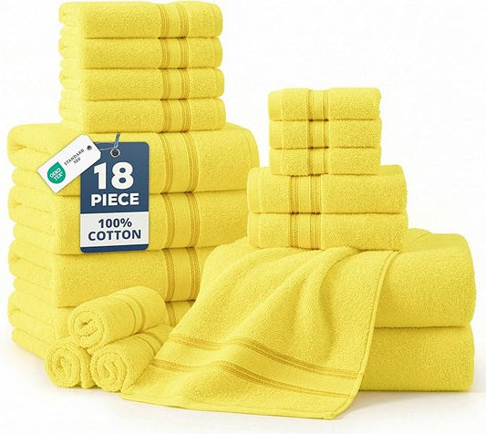 LANE LINEN 18 Pc Luxury Bath Towels Set – Ultra Soft 100% Mercerized Cotton, 6 Bath, 6 Hand Towel & 6 Wash Cloth, Zero Twist, Quick-Dry, Long-Lasting Comfort & Hotel Quality, Machine Washable – Mimosa