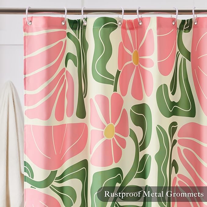 Mid Century Modern Abstract Geometric Colorful Boho Shower Curtains for Bathroom, Cute Pink Floral Bathroom Shower Curtain, Vintage Retro Bath Curtain, Waterproof Shower Curtain 72''x72''