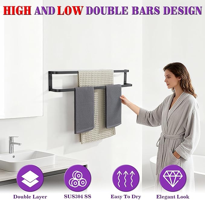 Alise Double Towel Bars for Bathroom,32'' Towel Holder Towel Racks for Bathroom Wall Mount,SUS304 Stainless Steel Double Towel Rail Towel Hanger,Matte Black