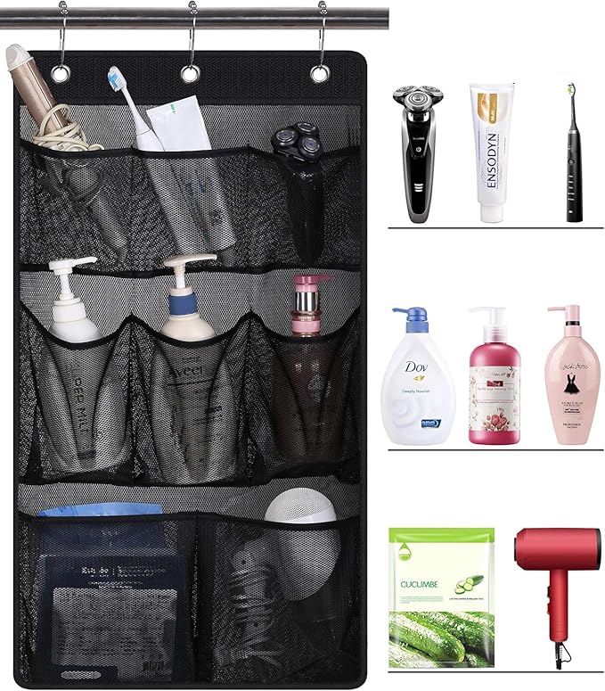 KIMBORA Mesh Shower Caddy Hanging Bathroom Organizer Storage with 2 Large Pockets 3 Rings Hang Curtain Rod for Dorm Cruise RV, Black