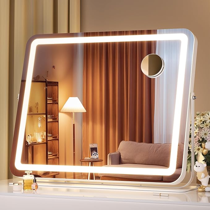MINISO Vanity Mirror with Lights, 18" x 14" LED Makeup Mirror, Light & Brightness Adjustment, Smart Sensor, 360°Rotation, Aluminum Alloy Metal White Frame, with 10X Magnifying Glass