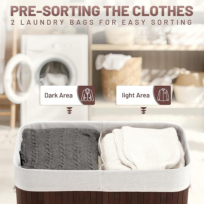 Aliphon 100L Laundry Hamper with lid, 2-Section Clothes Laundry Basket with Handles, Large Collapsible Bamboo Baskets for Bedroom, Bathroom, Dorm, Brown