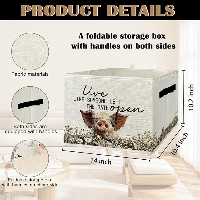 Rustic Pig Storage Bins & Boxes with Handles, Farmhouse Pig Foldable Basket for Organizing, Live Like Someone Left the Gate Open Collapsible Storage Basket for Bedroom Bathroom Clothes Toys