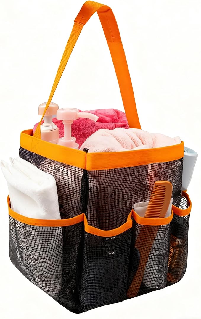 Mesh Shower Caddy Bathroom Portable College Dorm Essentials for Girls Guys Shower Tote Beach Camp Travel Hanging Toiletry Bag Orange