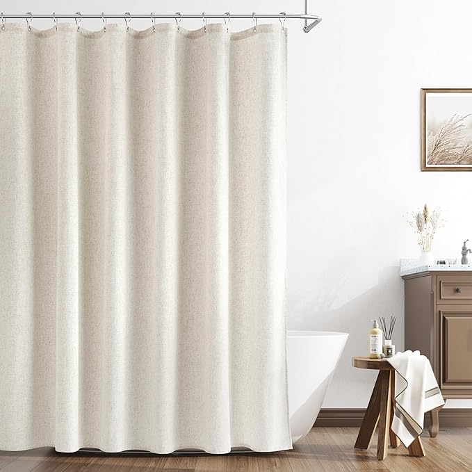 Naturoom Extra Long Linen Shower Curtain 86 Inch Long Weighted Thick Fabric Bath Shower Curtain Set with Hooks, XLong Tall Country Farmhouse Beige Curtains for Bathroom, 72x86