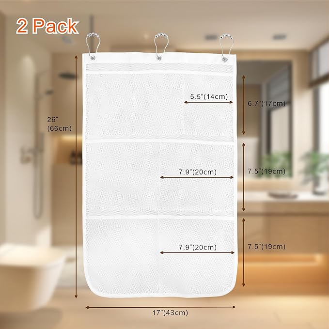 Mesh Shower Caddy Hanging, 7 Pockets Hanging Bathroom Organizer with Quick Dry Mesh, Portable, Can Store Soap, Loofah Shampoo and Cruise Ship Essentials, 17 Inch by 26 Inch, White, 2 Pack