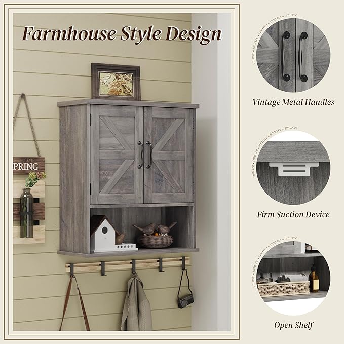 Smuxee Farmhouse Bathroom Cabinet Wall Mounted, Washed Grey Small Medicine Cabinet with Adjustable Shelf, Bathroom Cabinet for Living Room, Laundry Room