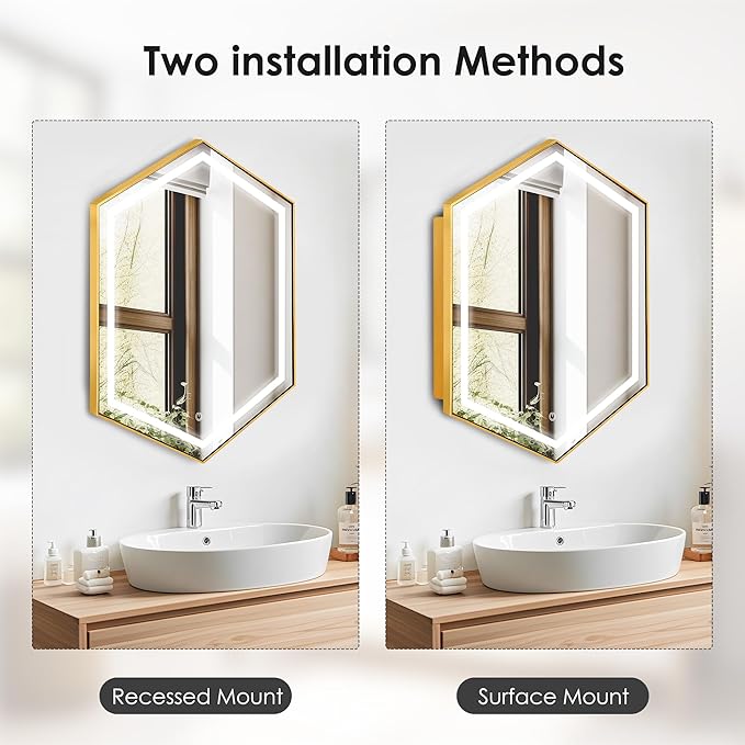 SogesHome Mirror Medicine Cabinet with 3-Color LED Lights, Hexagon Vanity Mirror Storage with 3-Tier Cabinet, Stainless Steel Frame and 2 Shelves for Bathroom, Bedroom, Entryway, Gold