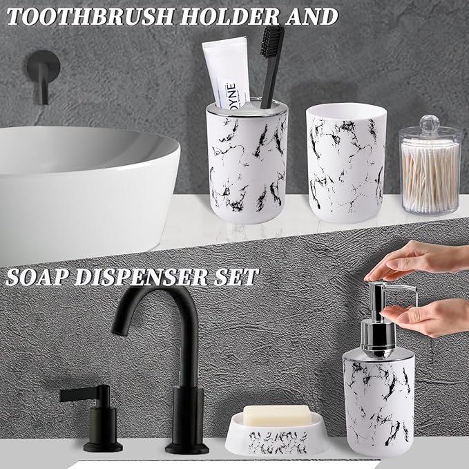 XLHOMO White Marble Bathroom Accessories Set, White Bathroom Set with Trash Can, Vanity Tray, Soap Dispenser, Soap Dish, Toothbrush Holder, Toothbrush Cup, Toilet Brush and Qtip Holders for Bathroom
