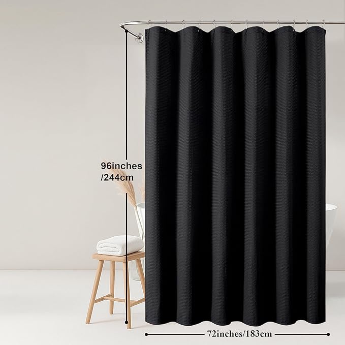 OWENIE Black Shower Curtain 96 Inch Extra Long, Waffle Weave Textured Fabric Bathroom Curtains, Water Repellent Thick Soft Hotel Spa Luxury Elegant Bath Curtain, Machine Washable, Black, 72x96 Inch
