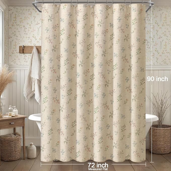 Floral Vintage Linen Shower Curtain, French Country Shower Curtains for Bathroom, 72Wx90H