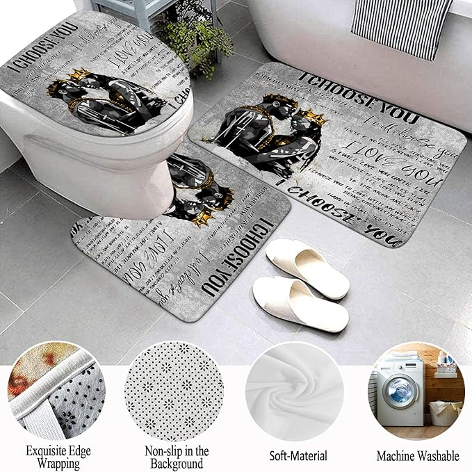 4pcs Romantic Couples Shower Curtain and Rugs Toilet Lid Cover Bath Mat, Full in Love Black Man Women Shower Curtain Set with Hooks, Black King Queen Valentine's Day Bathroom Decor Set