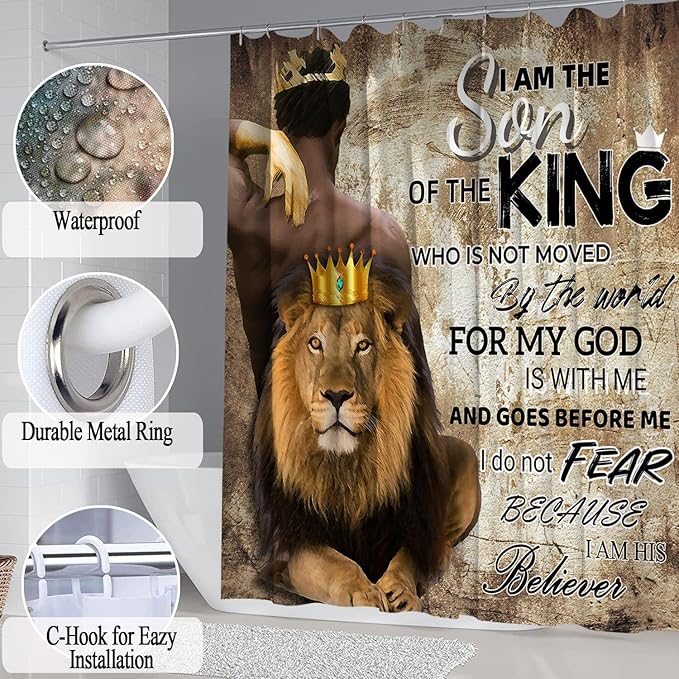 4Pcs Lion King Shower Curtain Set, Inspirational Black Man Bathroom Decor Shower Curtains and Rugs Toilet Lid Cover Bath Mat, Waterproof Africa American Halloween Shower Curtain for Man