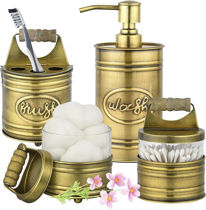 Autumn Alley Rustic Bathroom Accessories Set Vintage Brass Farmhouse Soap Dispenser, Antique Brass Toothbrush Holder, 2 Apothecary Jars Qtip Holder Glass - Rustic Bathroom Decor, Bathroom Accessories