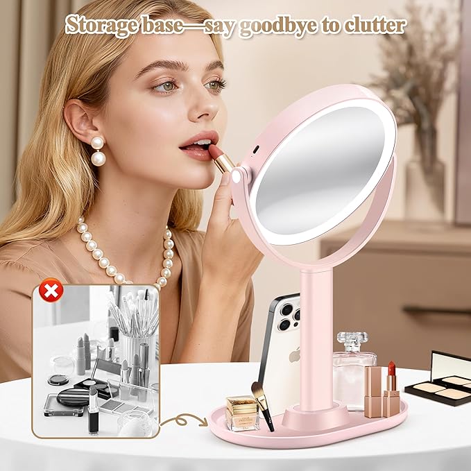 MOMOKUBA Makeup Mirror with Lights, Double Sided 1x/30x Magnifying Mirror with Light, Rechargeable 3 Color Lights and Adjustable Brightness, 360° Rotation Detachable Comes with Tweezer(Blush-30X)